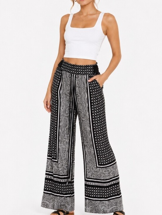 INC International Concepts Pants - INC Women's Black & White Patterned Wide-Leg Flowy Pants, L, Travel Office Beach